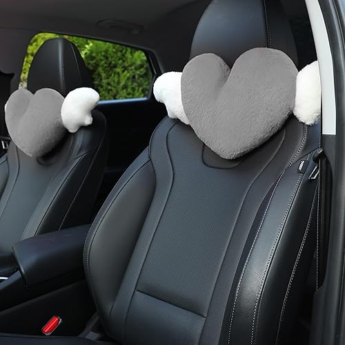 Paquete de 2 almohadas para reposacabezas de automóvil en forma de corazón con alas de ángel, cómodo cojín suave para reposacabezas kawaii,