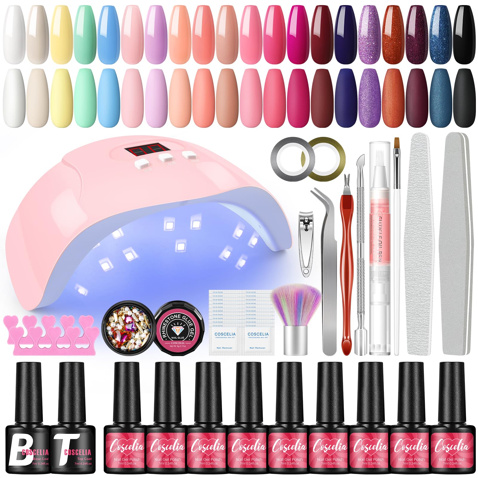 COSCELIA Kit Esmaltes de Uñas Gel Completo Con 36W Lampara U-V/Led Uñas,20 Colores 7ML Esmaltes De Uñas,Top Coat Base Coat 7ML,Kit De Manicura Y Pedicura,Kit Pintauñas Semipermanente
