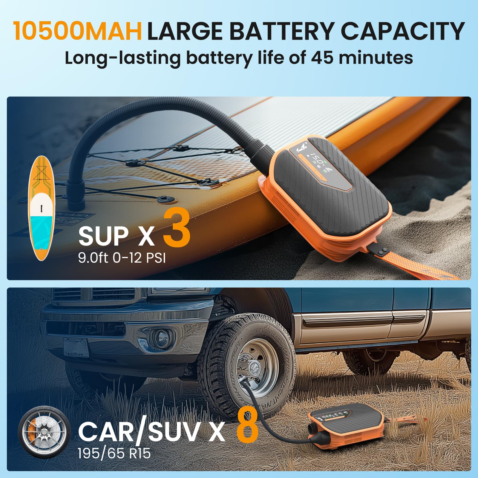 TowerTop Sup Pumpe Akku: 10500mAh Akku Pumpe für Auto/SUP, 50 PSI Stand Up Paddle Pumpe, 12V DC Zweistufenpumpe (Auf- und Ablassen) mit 8 Düsen für Paddleboards, aufblasbare Artikel, Kajaks und Autos