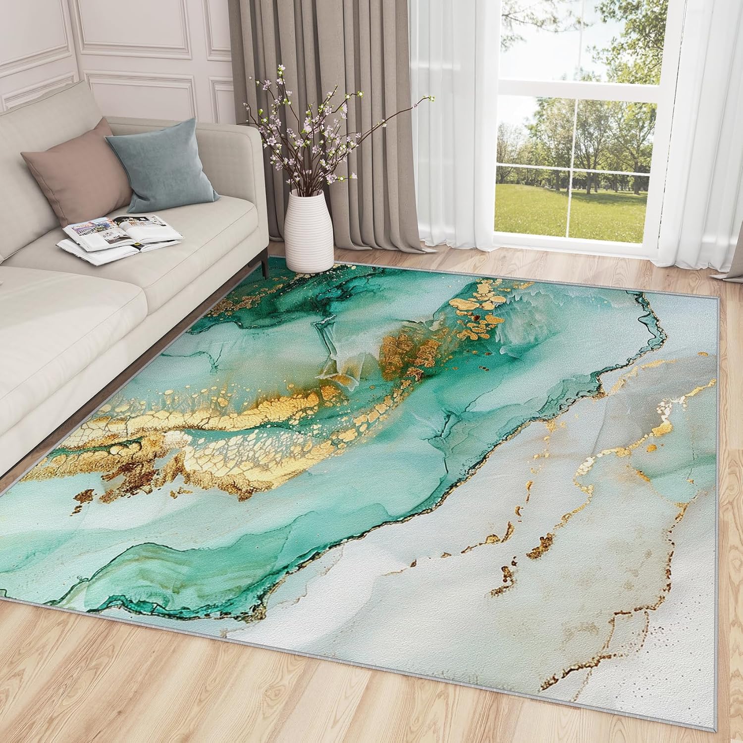 Marble Rugs for Living Room 8x10-2x3 Rug - Marble Rug - Abstract Modern Luxury Area Rug - White Teal and Gold Rugs - Aesthetic Carpet - Marble Home Decor Gifts