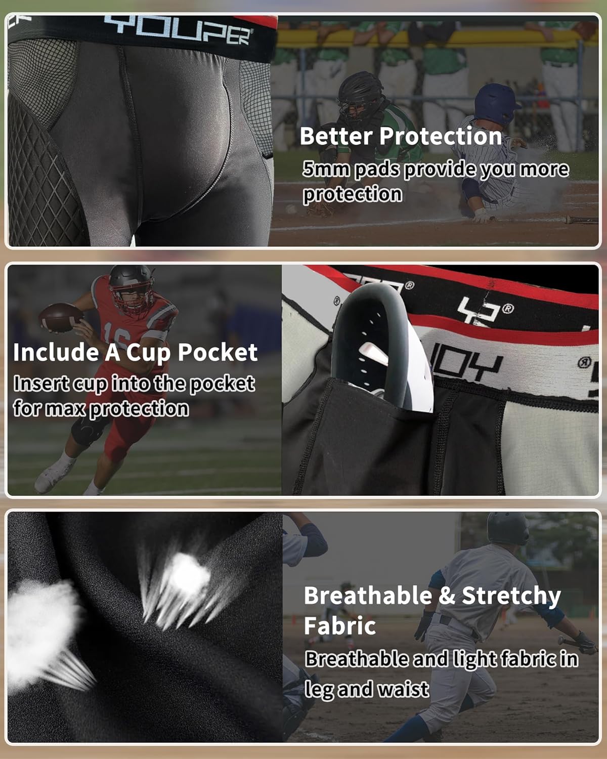 Youper Adult Elite Compression Padded Sliding Shorts w/Cup Pocket for Baseball, Football - Image 3