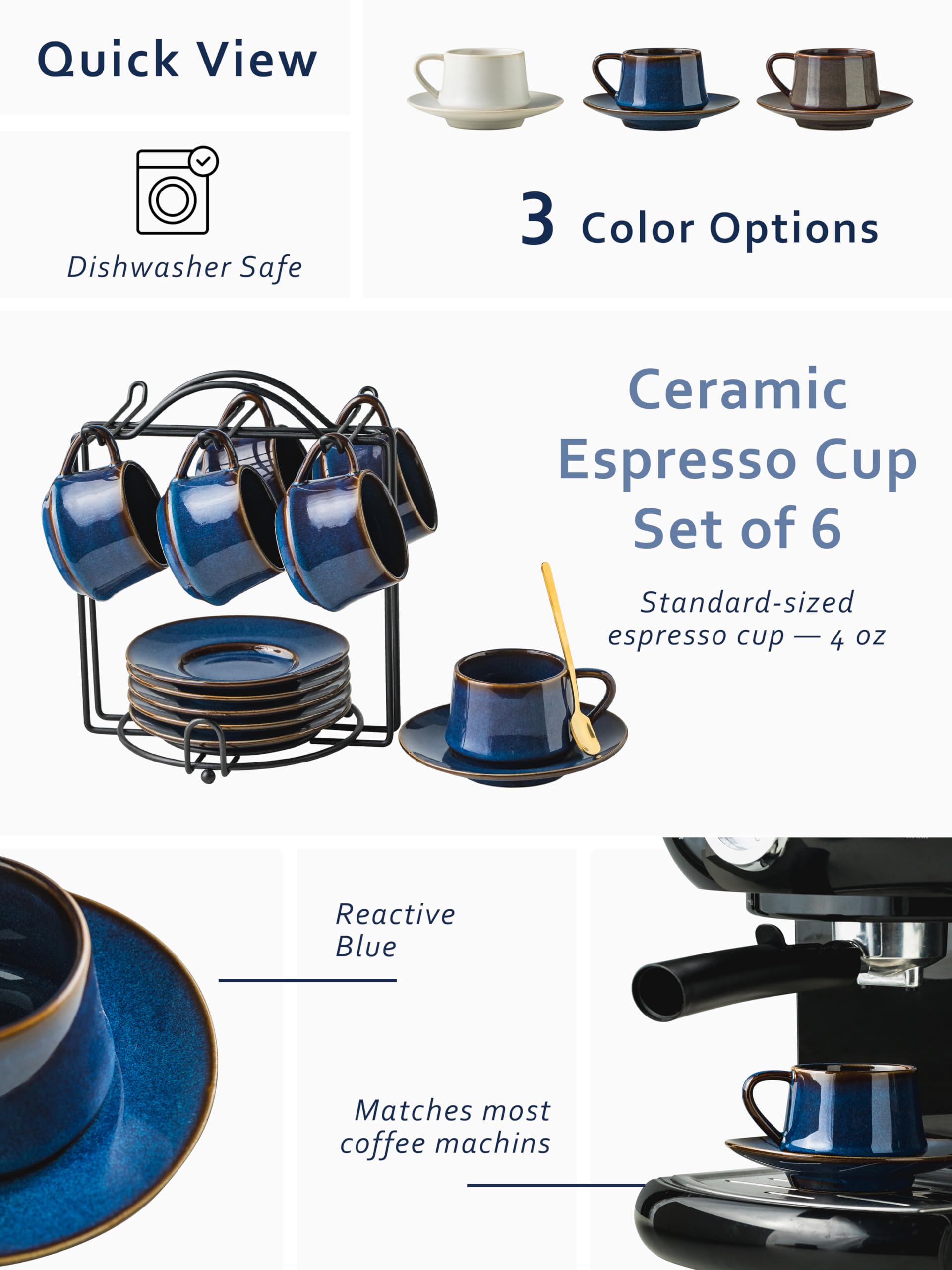 YHOSSEUN Juego de 6 tazas de café Expresso Shots de 4 onzas, taza de café pequeña con soporte de metal Sacuers, tazas de espresso de cerámica para capuchino, latte, café moca y té, azul