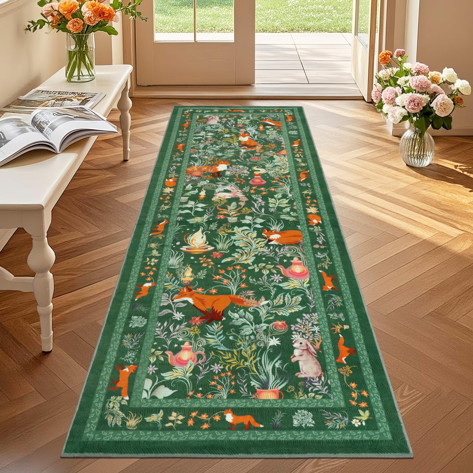 Geanup Runner Rugs for Hallway 60×180cm, Green Washable Kitchen Carpet Runner Non-Slip, Fairytale Fox Hall Carpet Floor Mat for Entryway Kids Bedroom Laundry Living Room Non Shedding — image 1
