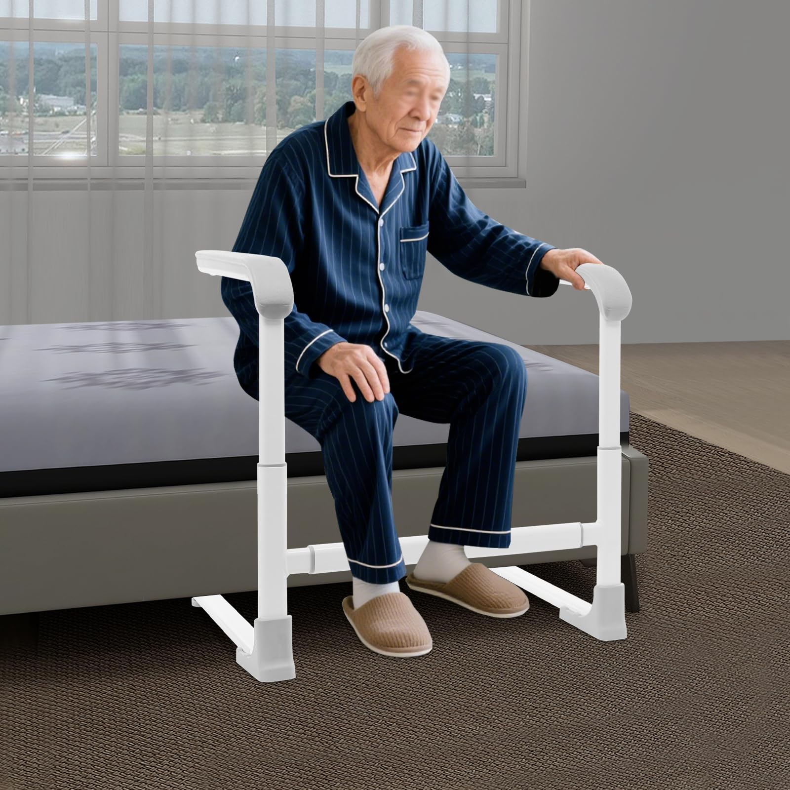 Supporto regolabile in altezza per anziani, stabile maniglia per divano, letto e toilette, aiuto per la mobilità con braccioli ergonomici, portata fino a 150 kg, 59-64 × 48 × 65-70 cm (bianco e grigio