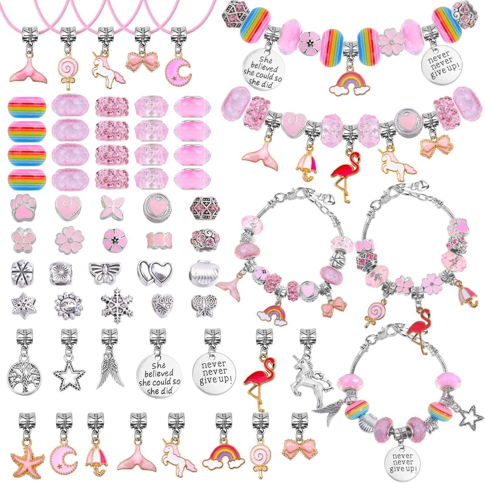 DIY Charm Bracelet Making Kit, Jewelry Kit with Unicorn Mermaid Pink Stuff Craft Gifts for Birthday, Christmas, New Year