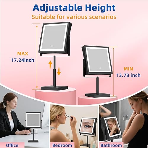 Miniatura 6 de Ruacq Espejo de tocador con luces, altura y brillo ajustables, recargable de 4000 mAh, espejo de maquillaje iluminado con aumento 1X/10X, 3 luces de