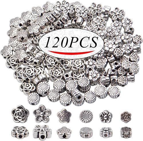 Miniatura 2 de Cuentas espaciadoras de aleación, 120 cuentas espaciadoras de plata antigua, cuentas de plata tibetana para hacer joyas, pulseras y collares, 6