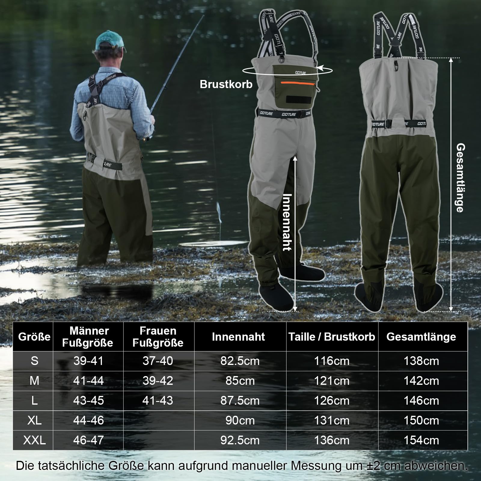 Goture Atmungsaktive Wathose Herren Wasserdicht, 5-Lagen Nylon Angeln Brustwathose mit Abnehmbarem Ausrüstungsgürtel, 25000mm WPR, 4mm Neopren-Füßlinge für Fliegenfischen