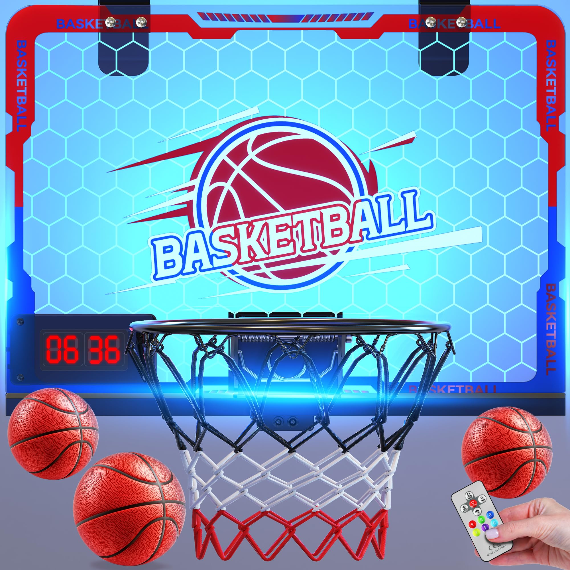 Mini Indoor Basketball Hoop with 7-Color Lights & 3-Light Effects & Scoreboard & Timer,Over The Door Bedroom Office for 3-12 Year Old Kids Boys
