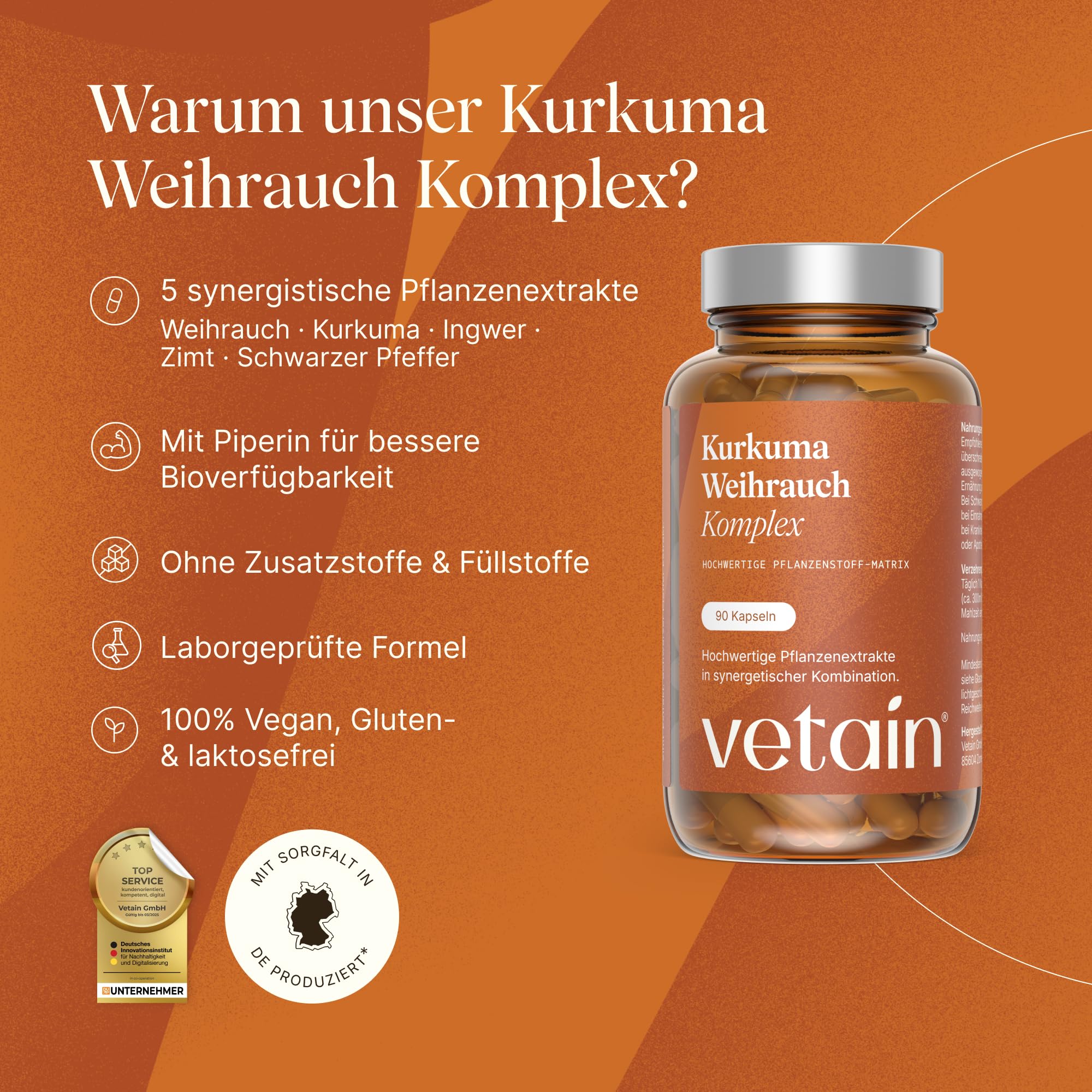 VETAIN Kurkuma Weihrauch Ingwer Komplex - 90 vegane Kapseln - 127mg Boswelliasäure & 105mg Curcumin - Mit Zimt & Piperin - hochdosiert & hoch bioverfügbar - produziert in Deutschland