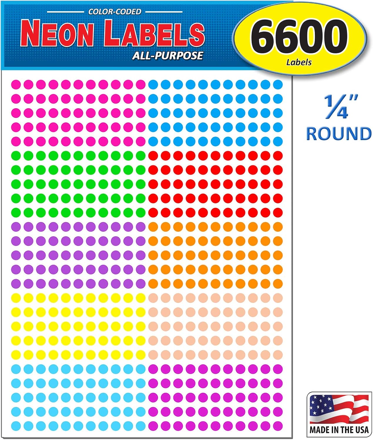Pack of 6600 1/4" Round Color Coding Circle Dot Labels, 10 Bright Neon Colors, 8 1/2" x 11" Sheet, 0.25 in.