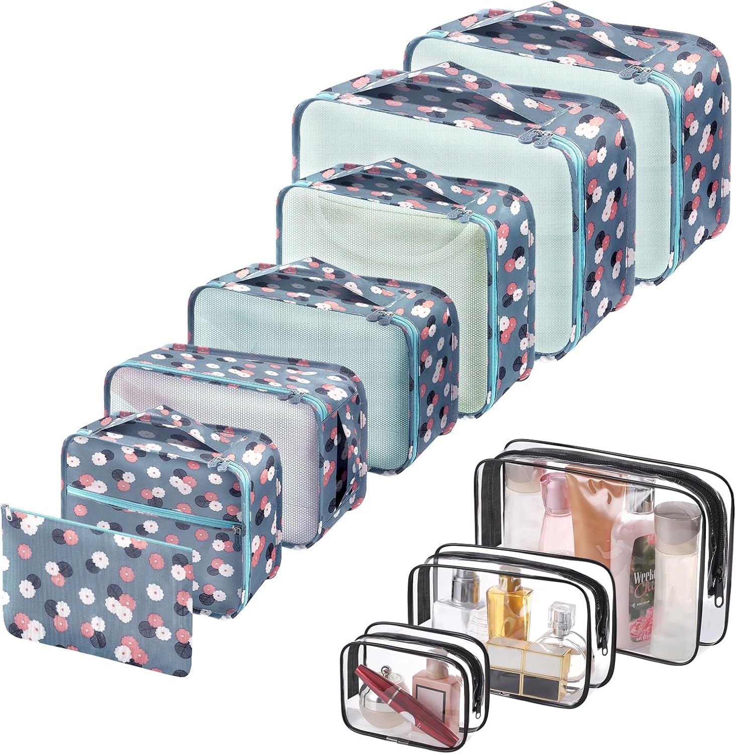 CNMTCCO Packing Cubes for Suitcases,10 PCS Travel Organiser Bags,Travel Luggage Packing Set,Waterproof Essentials Bag,Clothes Shoes Cosmetics Storage Bags (Blue Flower)
