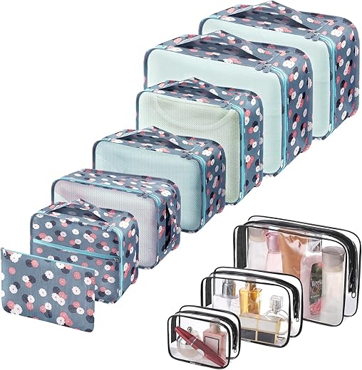 CNMTCCO Packing Cubes for Suitcases,10 PCS Travel Organiser Packing Bags,Travel Luggage Packing Bags Set,Waterproof Travel Essentials Bag,Clothes Shoes Cosmetics Storage Bags (Blue flower)