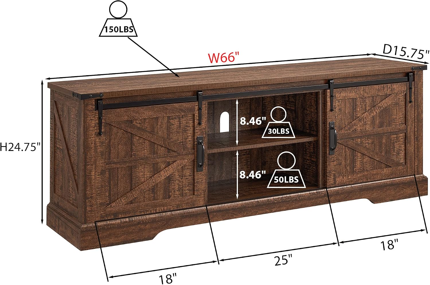 Diagram showing dimensions and weight capacities of the TV stand