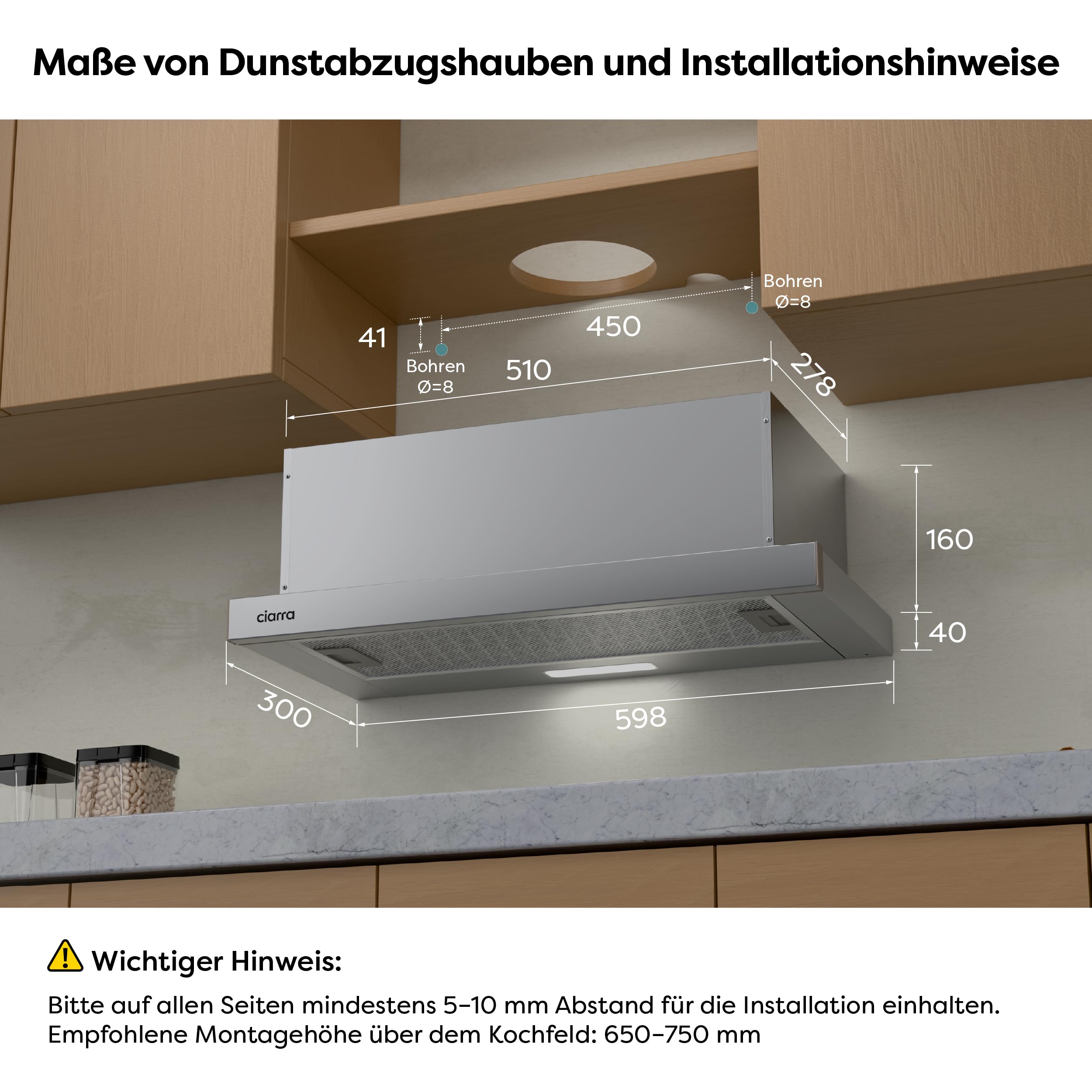 CIARRA CBCS6906D Flachschirmhaube 60 cm 391 m³/h Dunstabzugshaube Umluft Abluft Silber