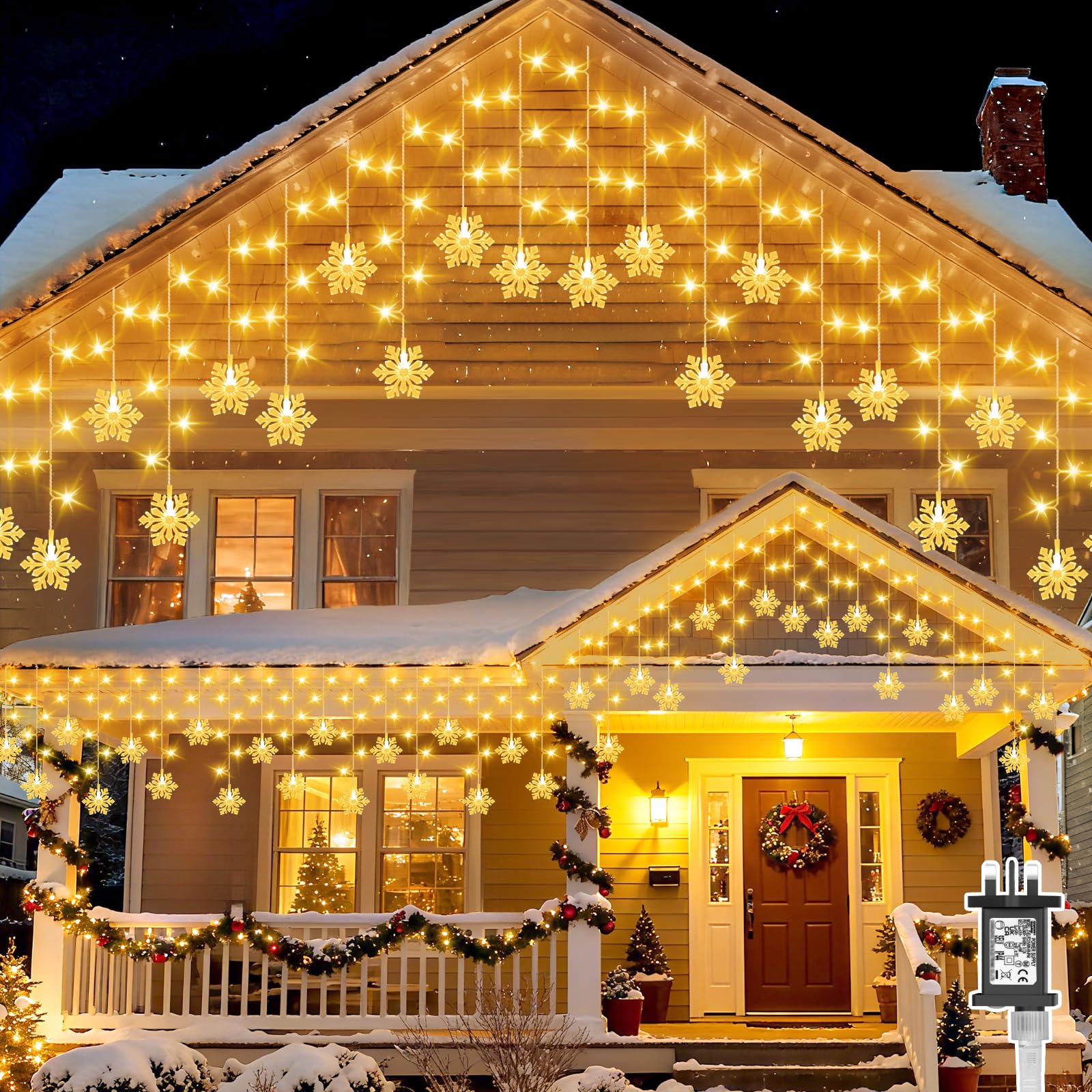 Icicle Lights Outdoor,Gcstnn 10M 240LEDs Snowflake Icicle Christmas Lights Mains Powered with Timer Waterproof Hanging Fairy Light for Outside House Gutter Roof Window Wall Xmas Decorations-Warm White