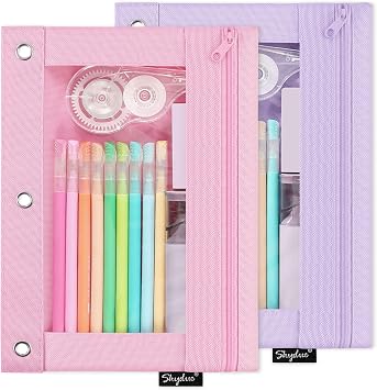 SKYDUE Pencil Pouch for 3 Ring Binder, Zipper Pencil Pouches for Girls Boys, Clear Window Pencil Case for Binder, Binder Pencil Pouch, Pencil Bag with Zipper,Pink & Purple