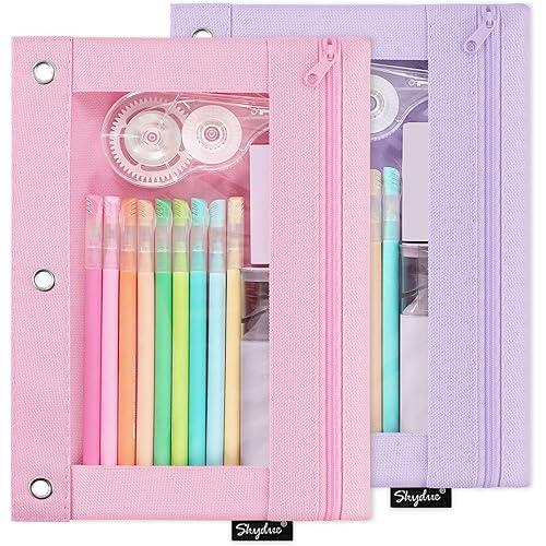 SKYDUE Pencil Pouch for 3 Ring Binder, Zipper Pencil Pouches for Girls Boys, Clear Window Pencil Case for Binder, Binder Pencil Pouch, Pencil Bag with Zipper,Pink & Purple