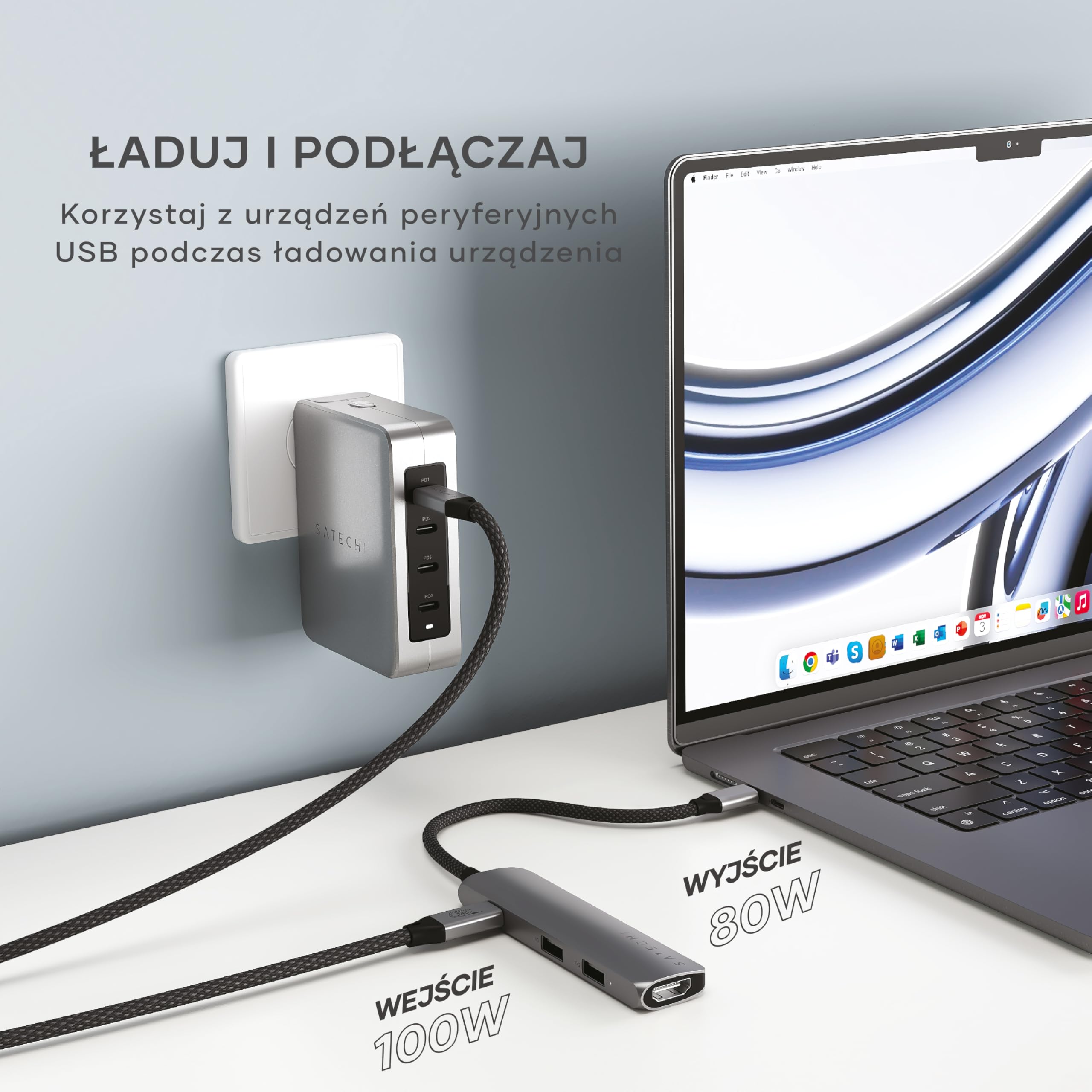 SATECHI hub USB-C Slim Plus 4 w 1, gwiezdna szarość | PD 100 W, HDMI 4K@60 Hz i 2 porty USB-A 10 Gb/s do MacBooka Air/Pro/Neo; zgodność z komputerami z Windows