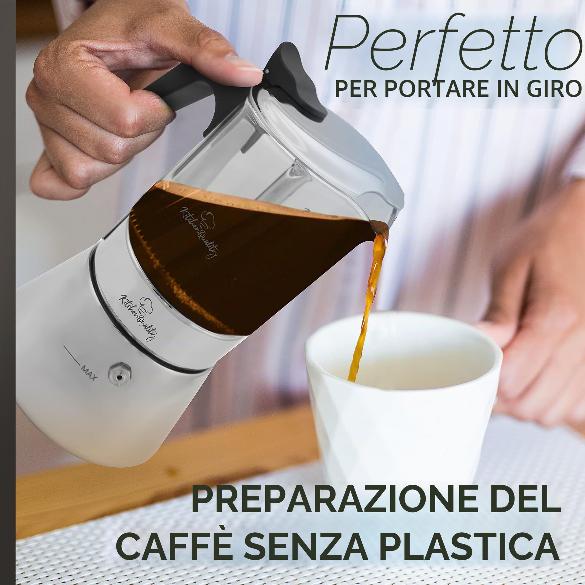 Caffettiera,Vetro + Acciaio Inossidabile,240 ml,per 4 tazze,18.5x14 cm, elettrico + induzione,con cucchiaio da porzionamento + 3 sottobicchieri in sughero