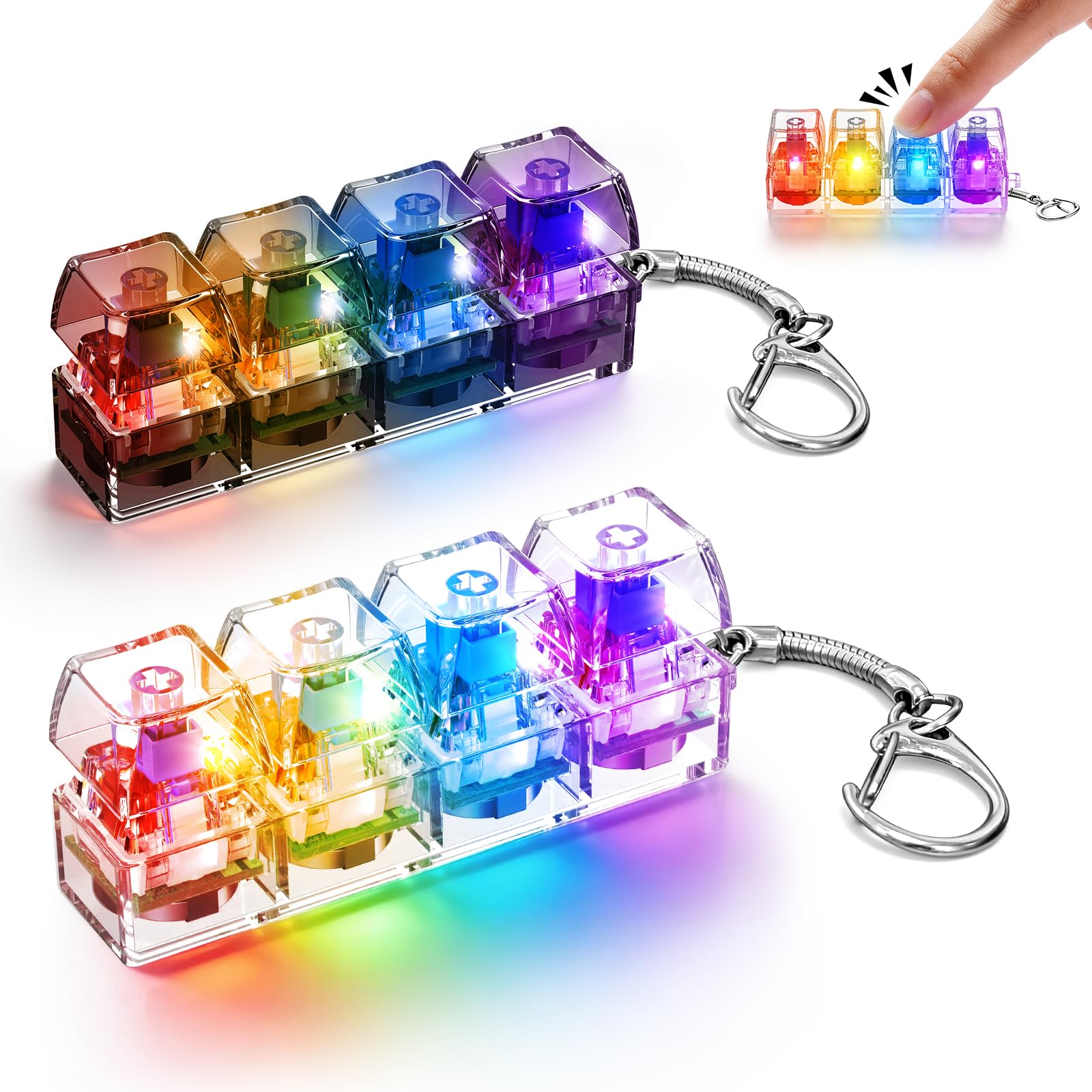 Aolcev 2Pcs Keyboard Fidget Toy for Adults Kids with LED light, Keyboard Button Finger Clicker for Stress Relief, Portable Keyboard Fidget Keychain for Office School, Decompression Gift