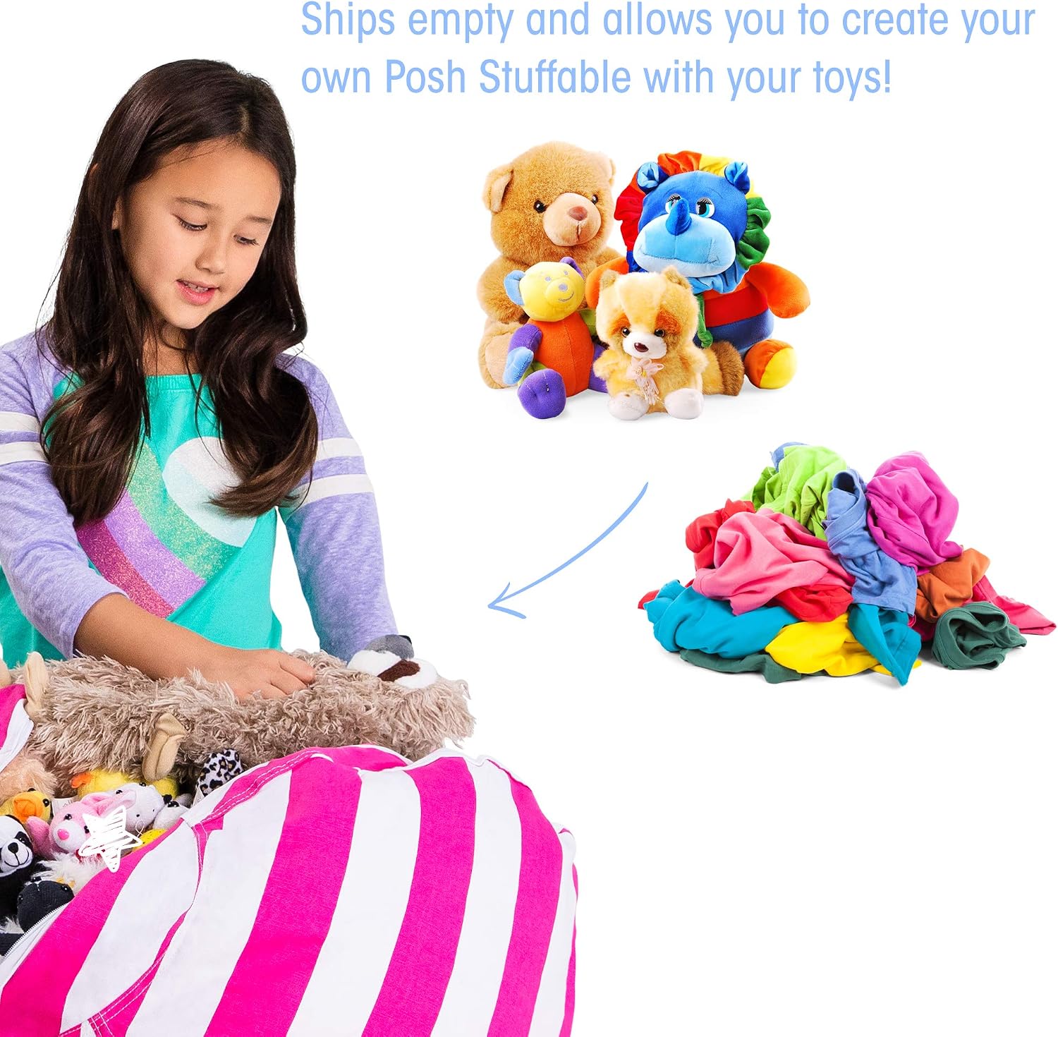 Posh Stuffable Kids Stuffed Animal Storage Bean Bag Chair Cover - Childrens Toy Organizer, Medium 27" - Canvas Stripes Pink and White