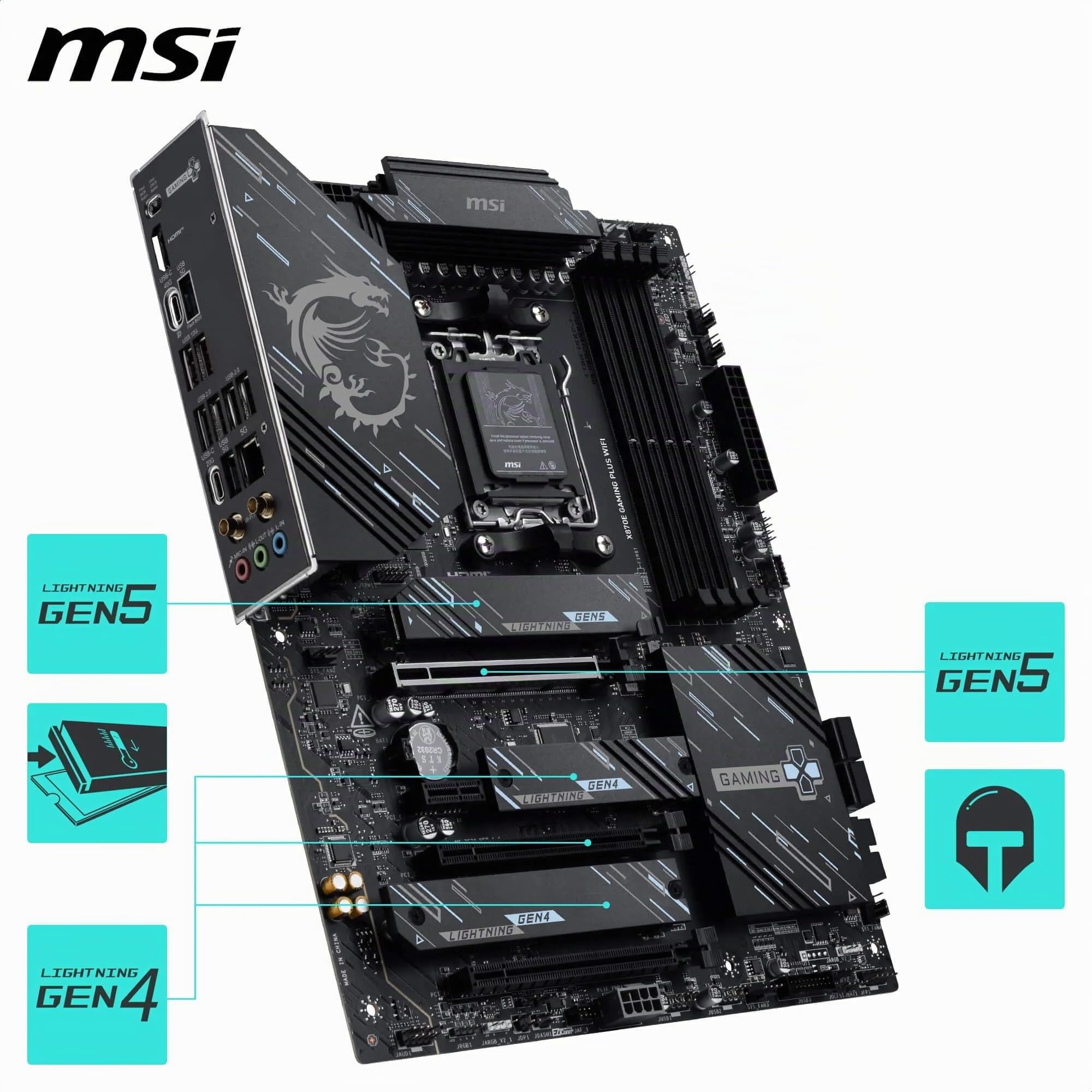 MSI Scheda madre X870E Gaming Plus WiFi, ATX - Supporta processori AMD Ryzen 9000/8000/7000, AM5-60A SPS VRM, DDR5 Memory Boost 8200+ MT/s (OC), PCIe 5.0 x16 e 4.0 x4, M.2 Gen5, Wi-Fi 7, 5G LAN