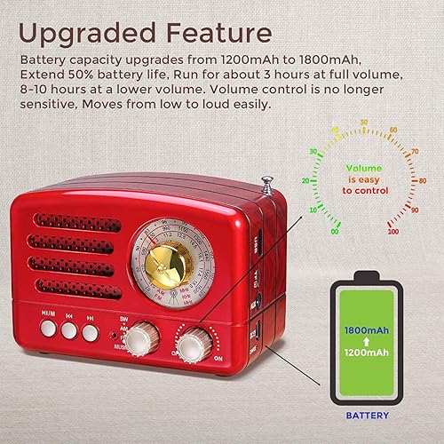 Miniatura 3 de Radio portátil Bluetooth retro, reproductor de casete de radio y grabadora con radio AMSW sintonización analógica, entrada USB MicroSD AUX, rojo