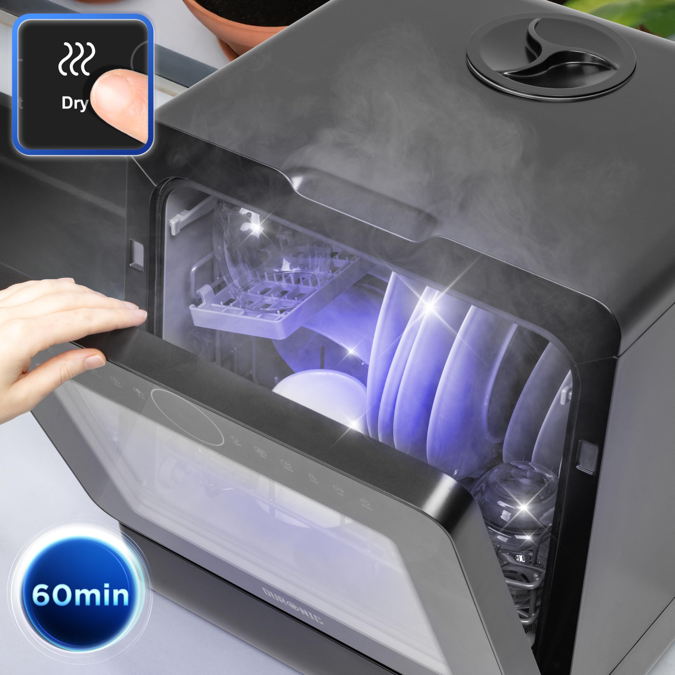 Duronic DW5 BK Tischgeschirrspüler Mini Spülmaschine 6 Programme 3 Gedecke 5 L Wassertank ohne Wasseranschluss