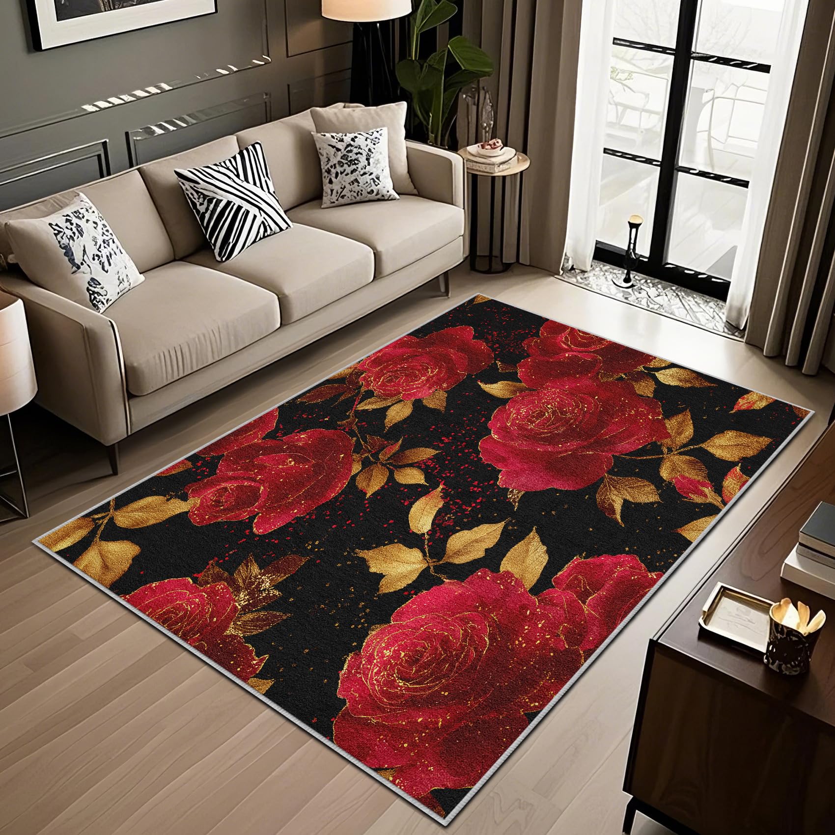 Tapis motif botanique noir 60x90 cm antidérapant et doux à poils courts