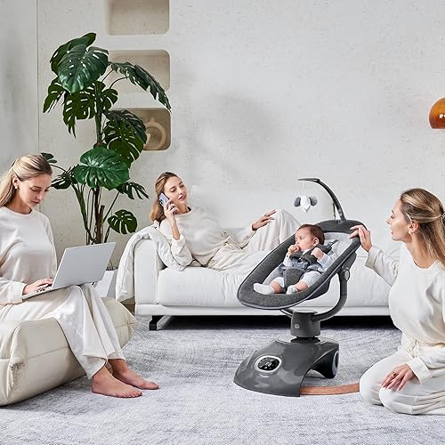 Miniatura 9 de Columpio eléctrico para bebés con control remoto, balancín con 6 movimientos, 5 velocidades, 13 música incluye ruido blanco, arnés de 5 puntos, 3