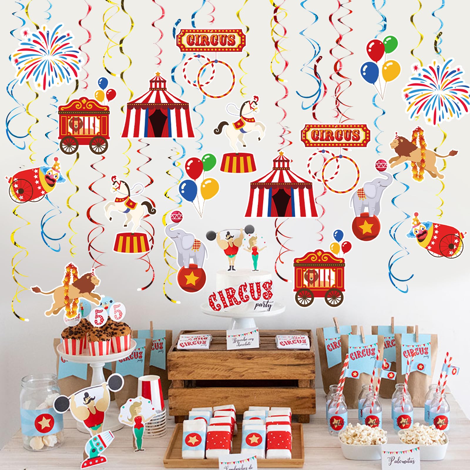 Vsosfiza Carnival Hanging Swirl Set Party Decorations, 48 Pcs, Circus Joker Balloon Party Supplies Sign,Red Blue Yellow - Image 4