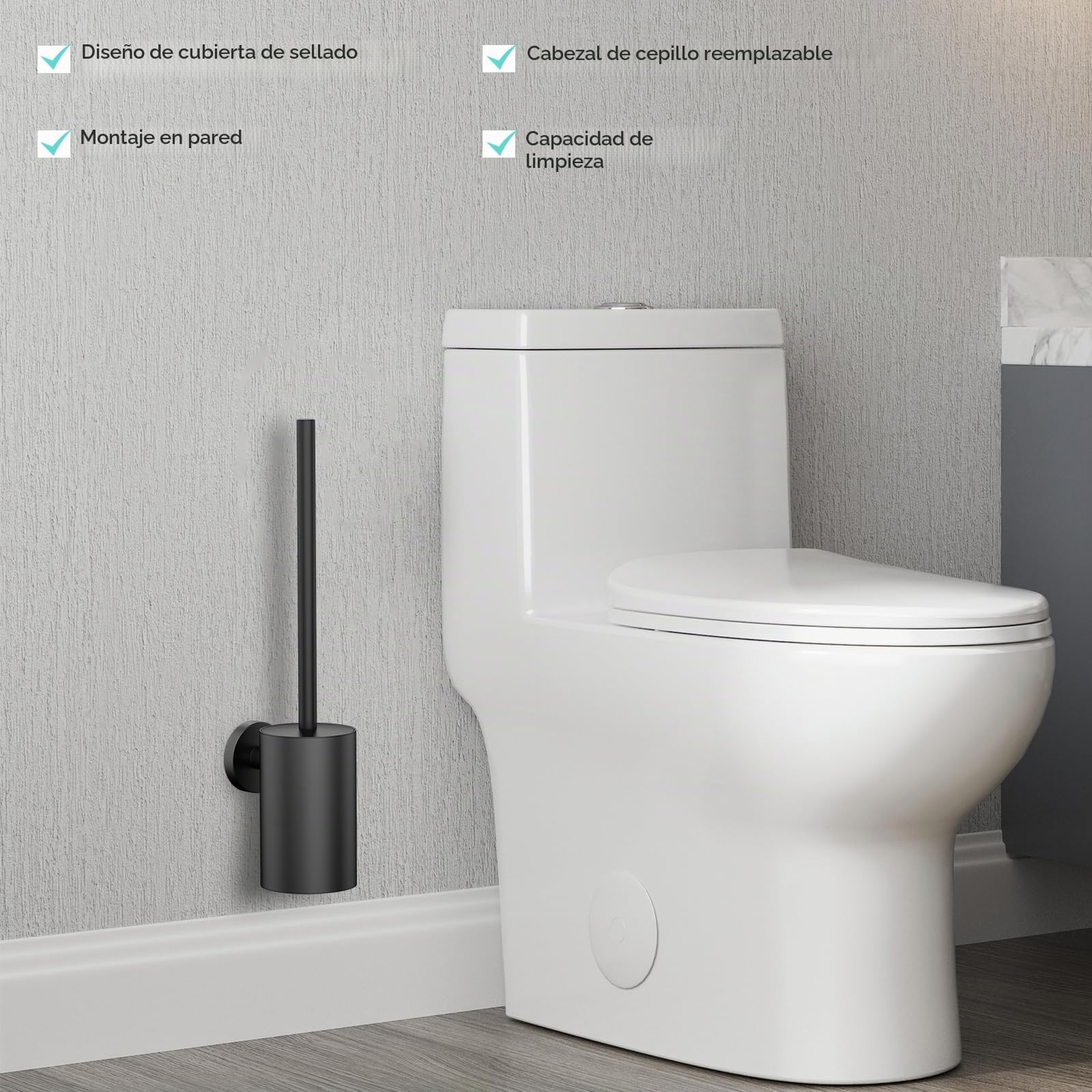 Escobilla de inodoro con montaje en pared, cepillo de WC de silicona y soporte, cepillo cuadrado de inodoro de acero inoxidable 304 Incluye 2 cabezales de cepillo (redondo negro)