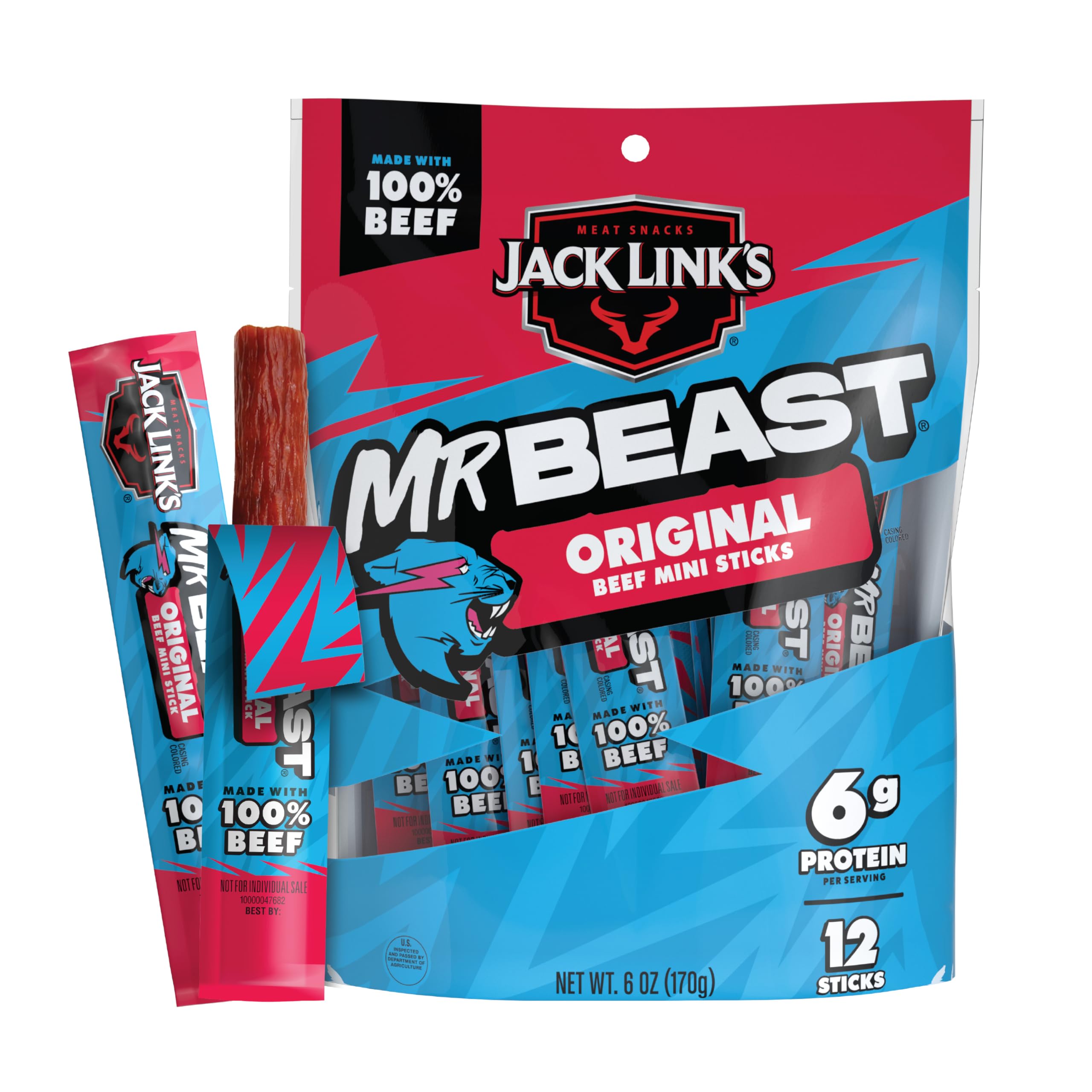 Jack Link’s x MrBeast Beef Sticks, Original Mini Beef Sticks, As Seen on Beast Games, 5g Protein, Made with 100% Real Beef, Pantry-Ready Snacks, 12 Count