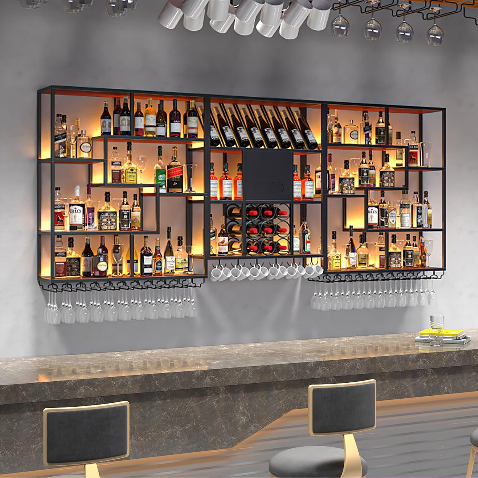 Large Bar Wine Rack Wall Mounted With Glass Holder,Iron Liquor Shelf,Floating Bar Shelves,Hanging Liquor Bottle Display Shelf,Metal Storage Racks For Kitchen Wine Cellar Dining Room(Black,240cm/94.5in
