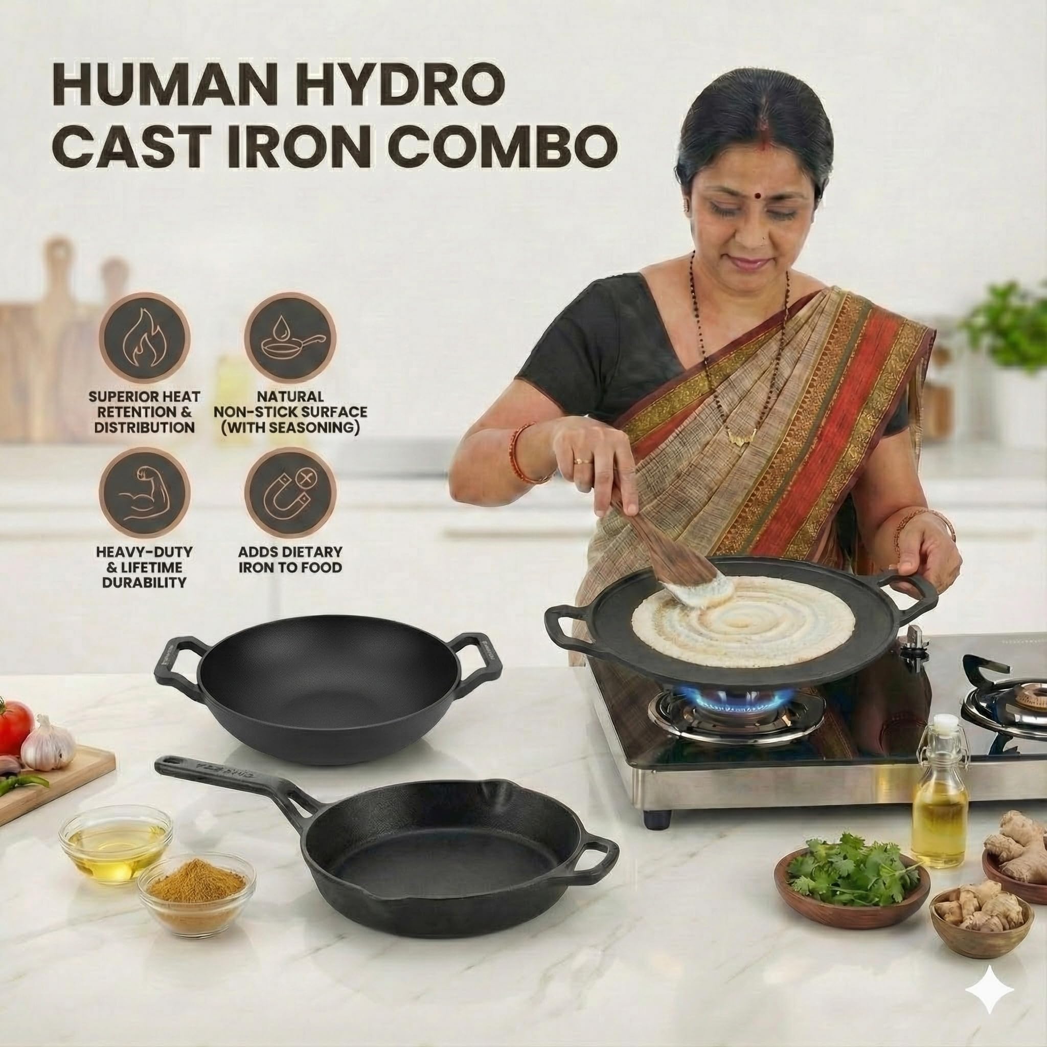 Human Hydro Cast Iron Cookware Set with Free Wooden Spatula - Kadai(23 Cm/9 Inch), Fry Pan(25 cm/10 inch) and Tawa(30 cm/11.8 Inch), Pre-Seasoned, Gas & Induction Friendly Base, Black 2