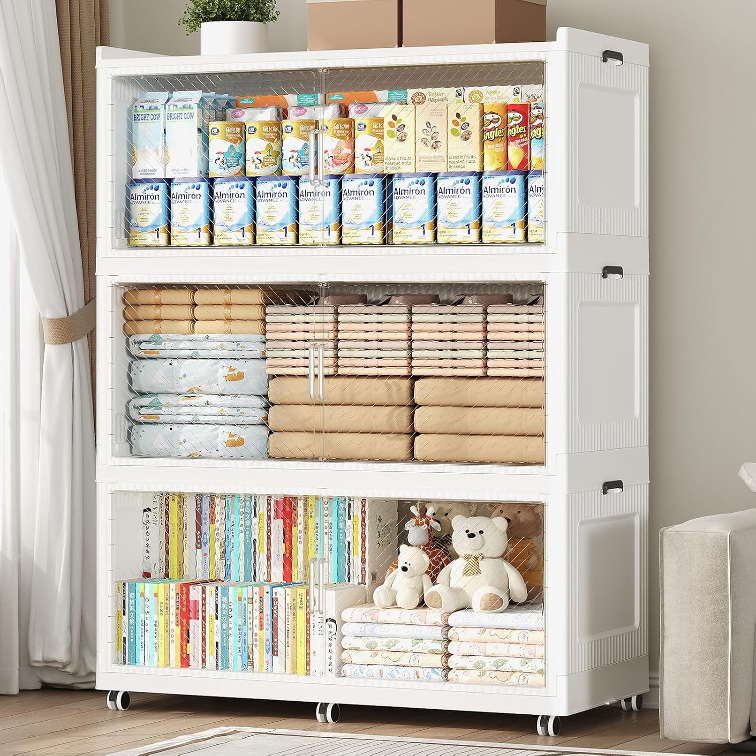 KuyiGame 150Gal Extra Large Stackable Storage Bins with Lid, 600Qt Collapsible Storage Box with Wheels, Closet Organizers and Storage Cabinet