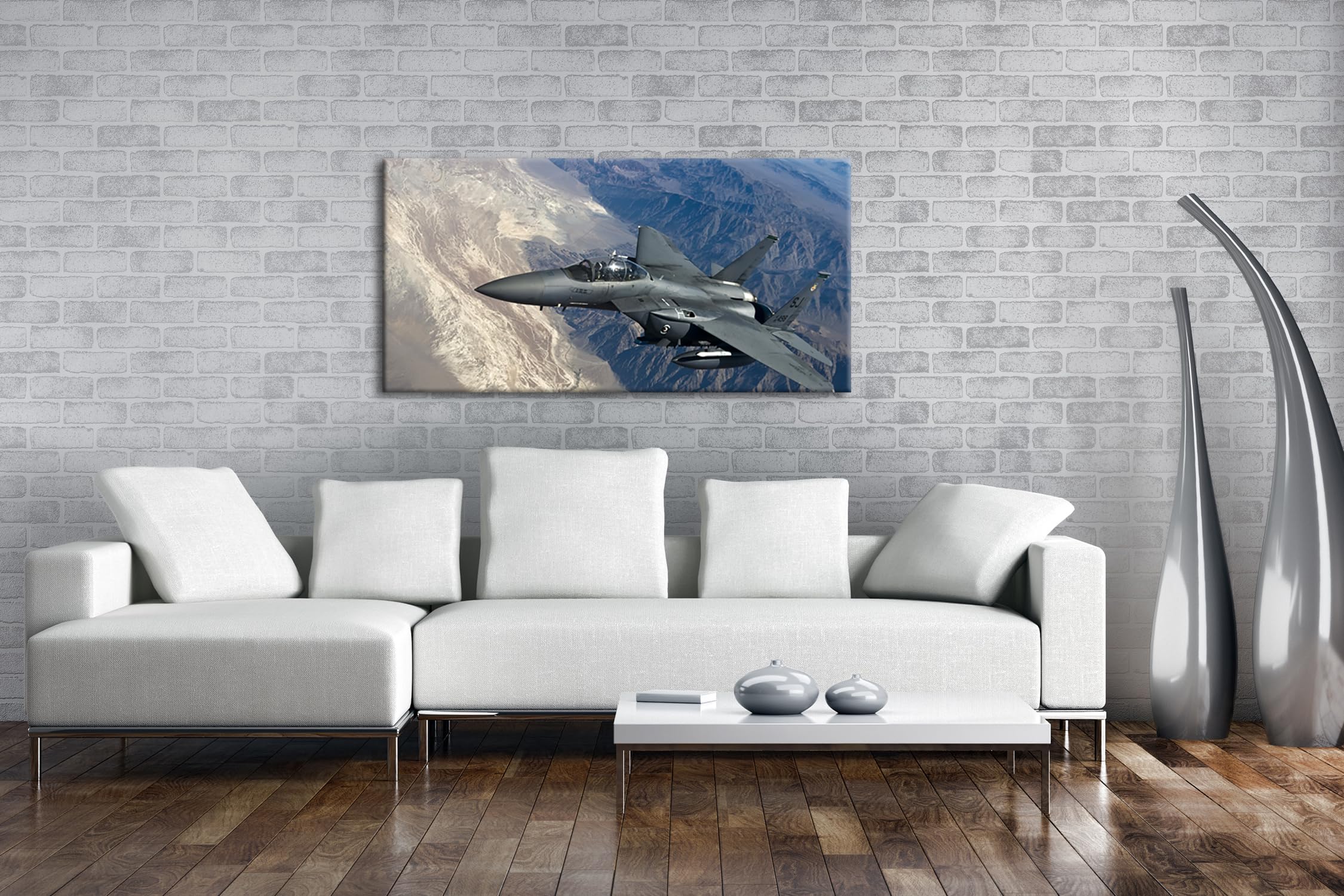 gewaltiger Kampfjet über den Bergen Panorama 100x50 cm als Leinwandbild, Motiv fertig gerahmt auf Echtholzrahmen, Hochwertiger Digitaldruck mit Rahmen