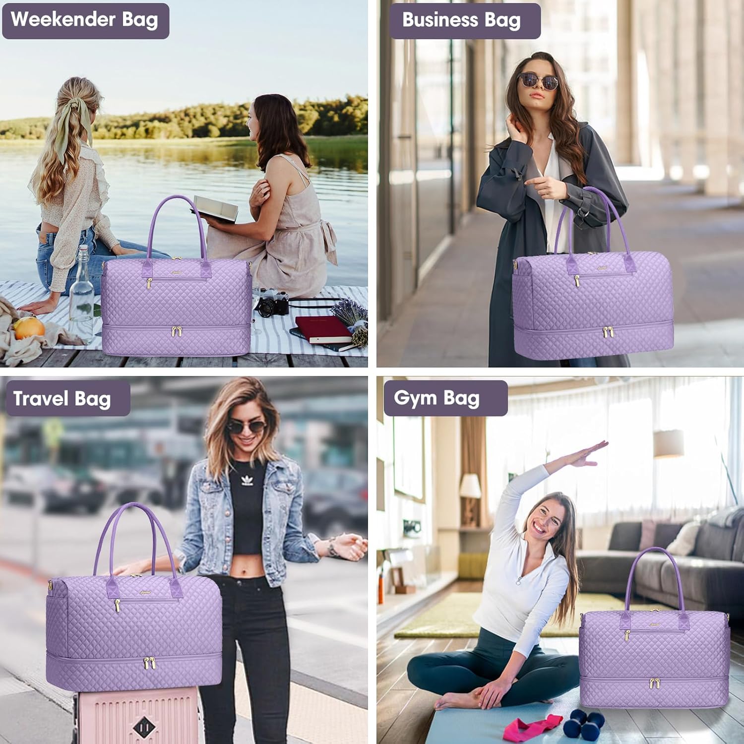 Travel Bag Weekender Bags for Women - Carry on Overnight Bag with Shoe Compartment Duffle Bag with Laptop Pocket Light Purple - Image 6