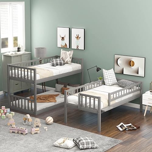 Miniatura 3 de Litera triple individual sobre individual con tobogán y escalera para dormitorio de niñosniñasniños marco de cama de madera maciza con barandillas