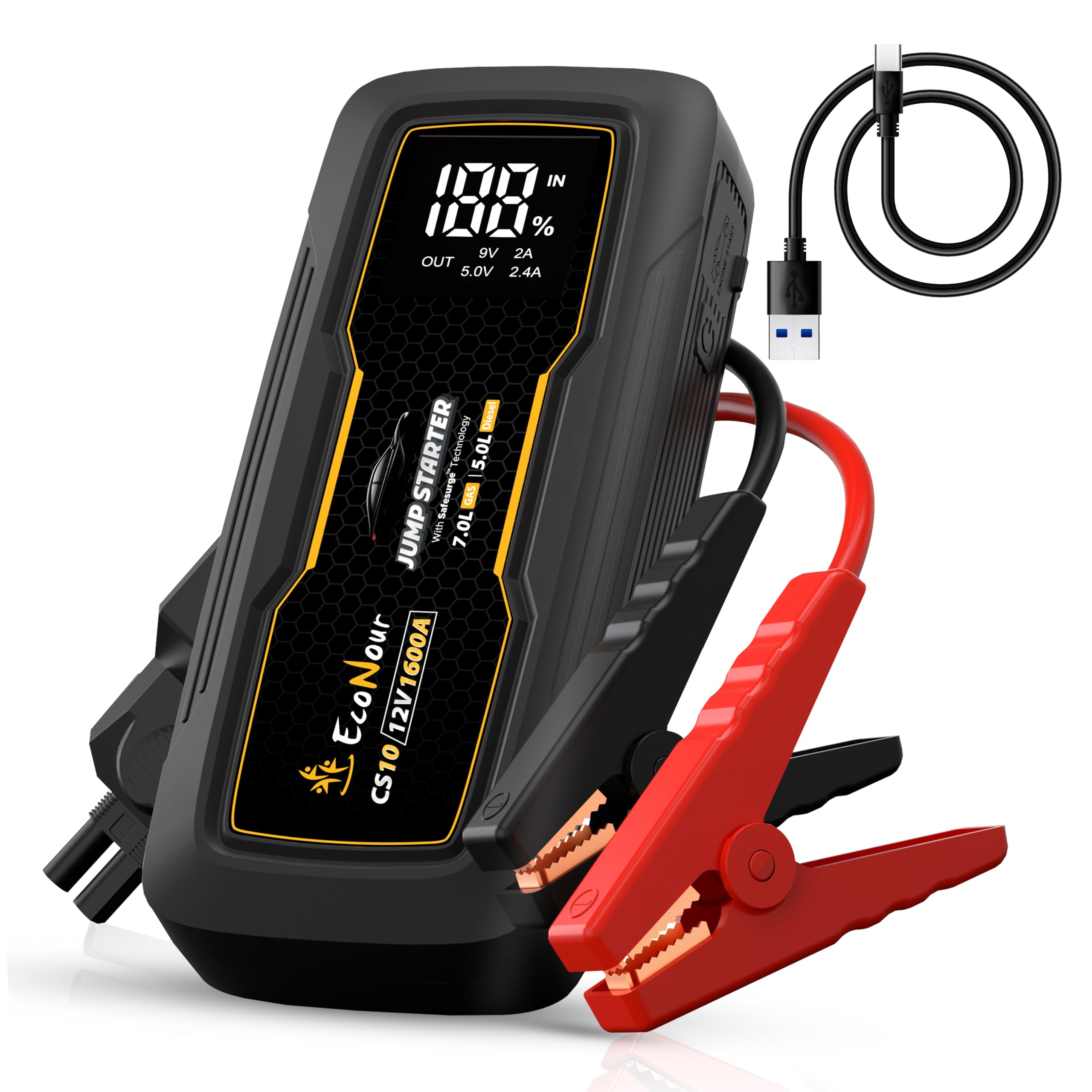 EcoNour Battery Jumper Starter Portable 1600A Peak Up to 7L Gas &amp; 5L Diesel Engines 12V Lithium Jump Box with Jumper Cables, USB Charger, LCD Display, LED Flashlight – for Cars, SUVs, Trucks