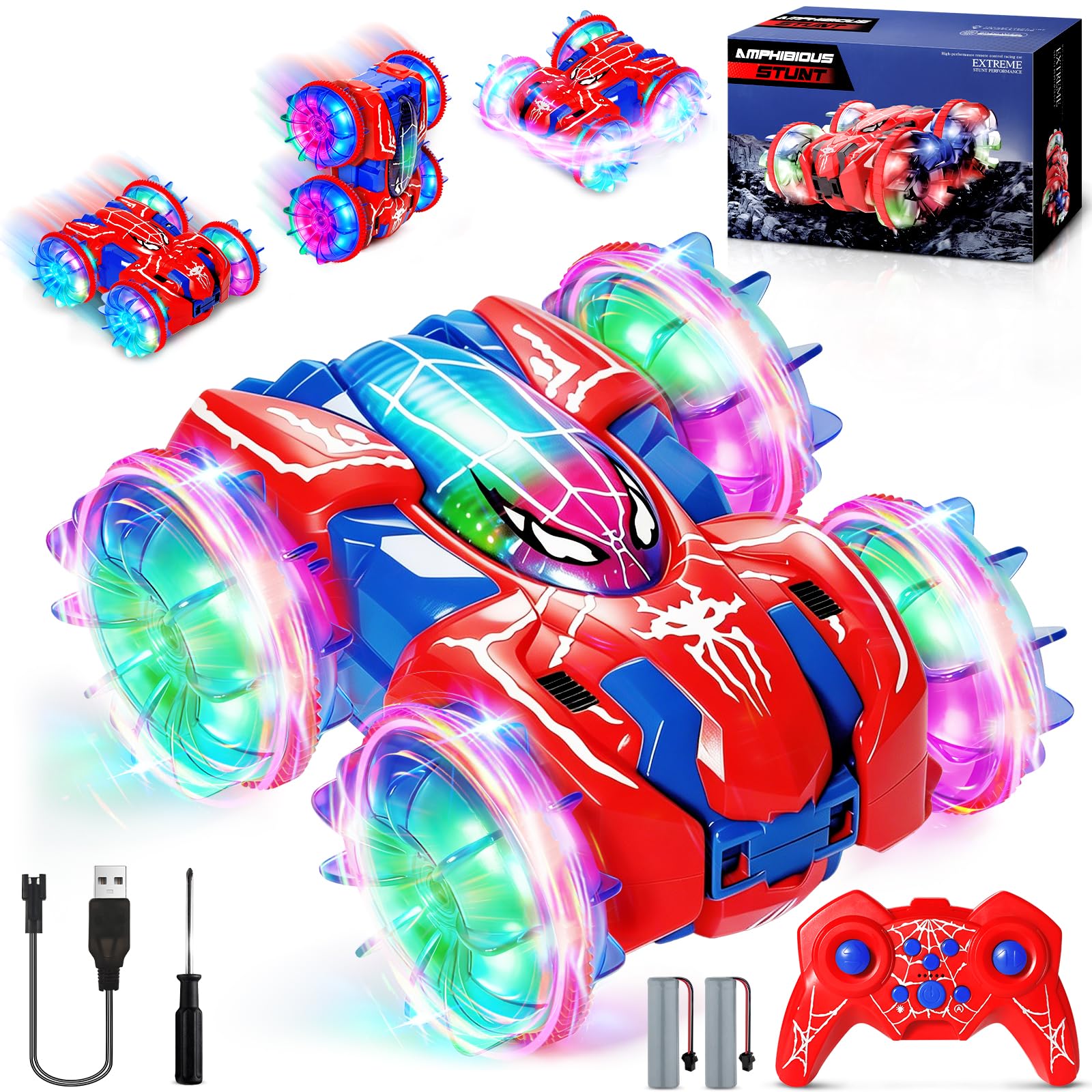Macchina Telecomandata per Bambini dai 3-10 Anni, Auto RC Anfibia con Rotazione 360° e Luci LED, Monster Truck Telecomandato 2,4 GHz 4x4 per Acqua, Sabbia, Neve, Erba