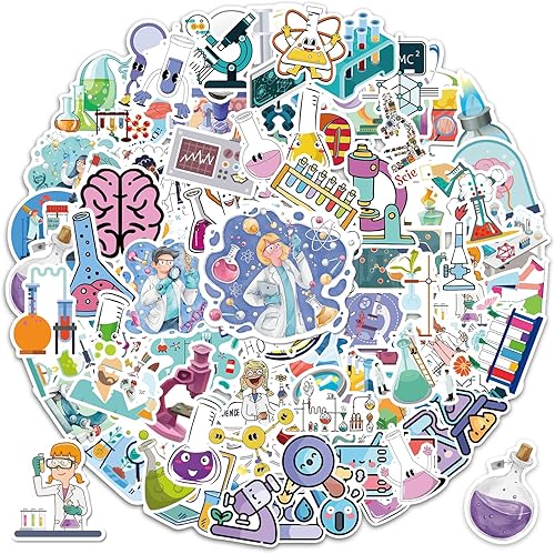 JYDanySoo 100 calcomanías para botellas de agua, lindas calcomanías de ciencia para niños, vinilo impermeable de laboratorio de ciencia, calcomanías
