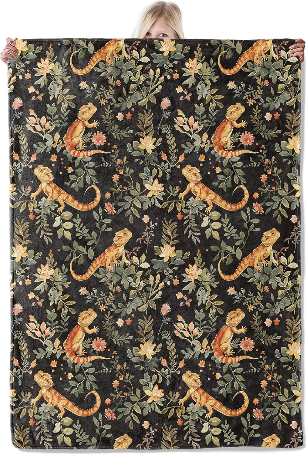 Bearded Dragon Flannel Blanket 50x60in,Cute Orange Lizards Among Wildflowers on Black Background,Soft Lightweight Throw for Reptile Lovers,Women,Teens,Nature Decor Gifts Blankets