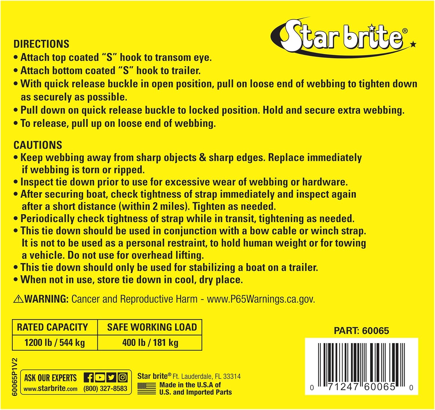 STAR BRITE Transom Tie-Down Quick Release Buckle & S-Hooks - 1,200 LB/544 KG Rated Capacity - Road Tested