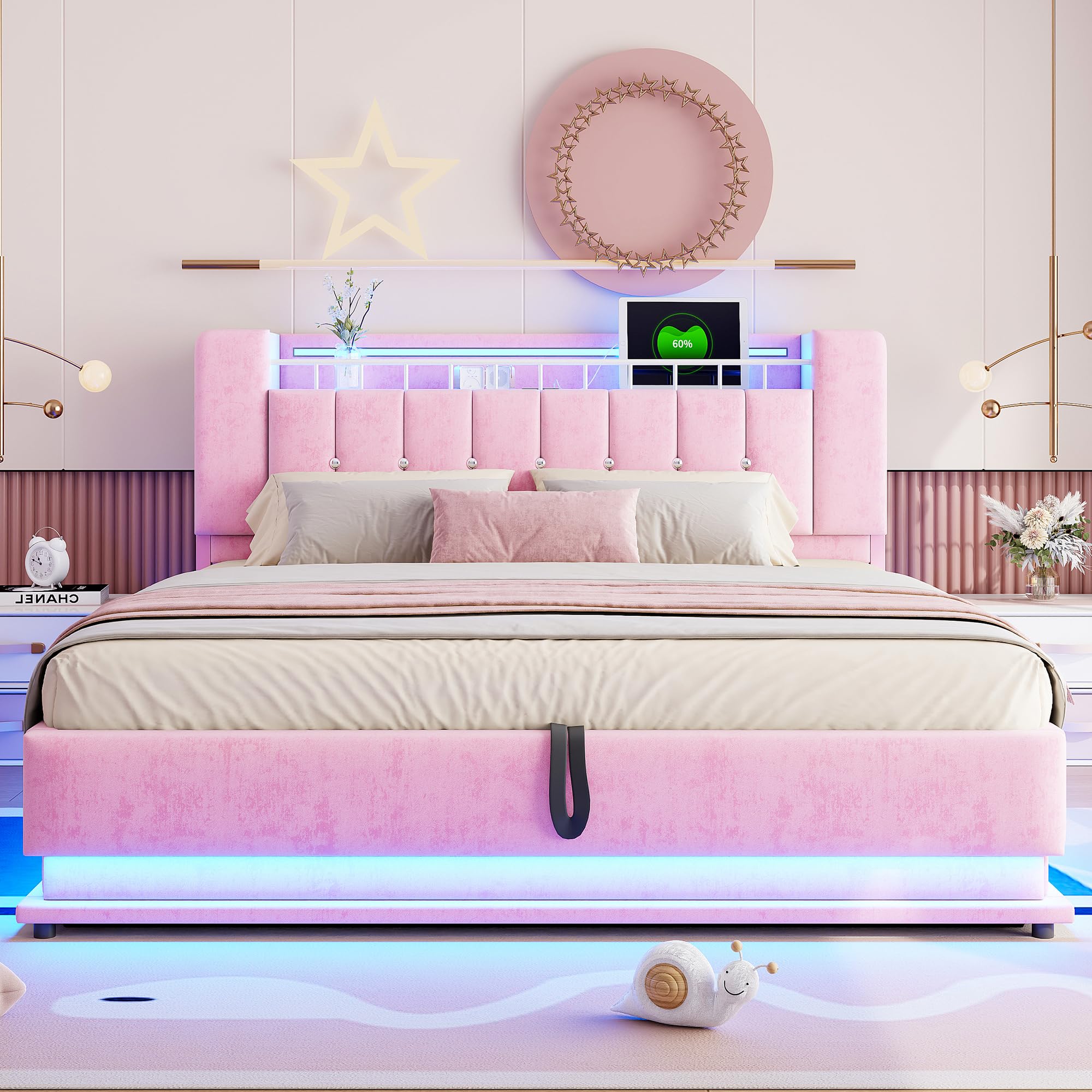 Kebnor Elegante letto imbottito con illuminazione a LED, vano portaoggetti USB e idraulico, rivestimento in velluto morbido e struttura in metallo (rosa, 180 x 200 cm)
