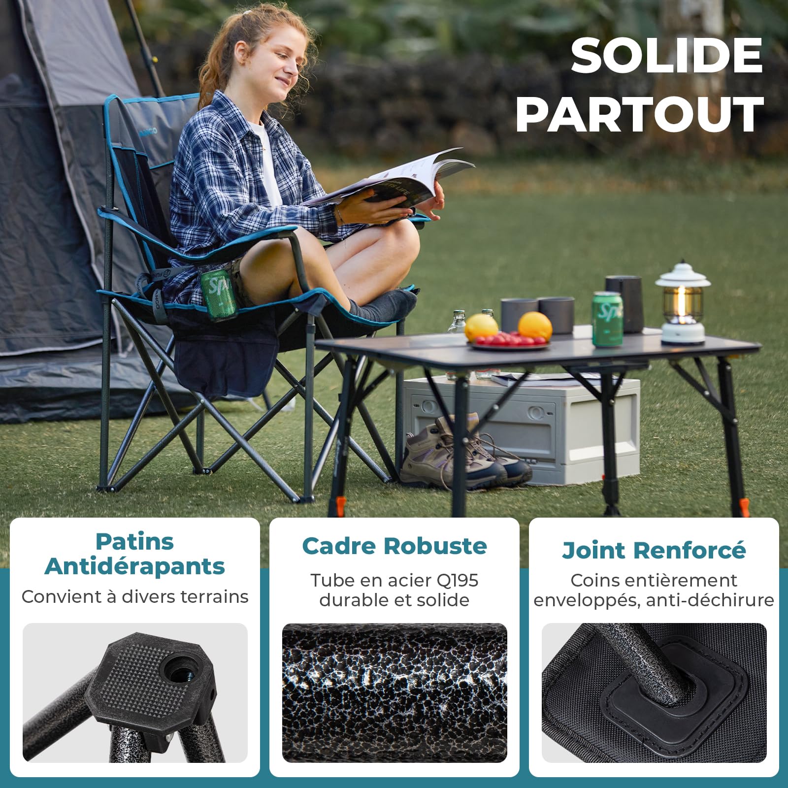 FUNDANGO Chaise de Camping Pliable surdimensionnée pour Adultes, 250 kg, Chaise de Plage Pliante Portable avec siège et Dossier rembourrés, Refroidisseur à 4 canettes et Porte-gobelet, Sac de