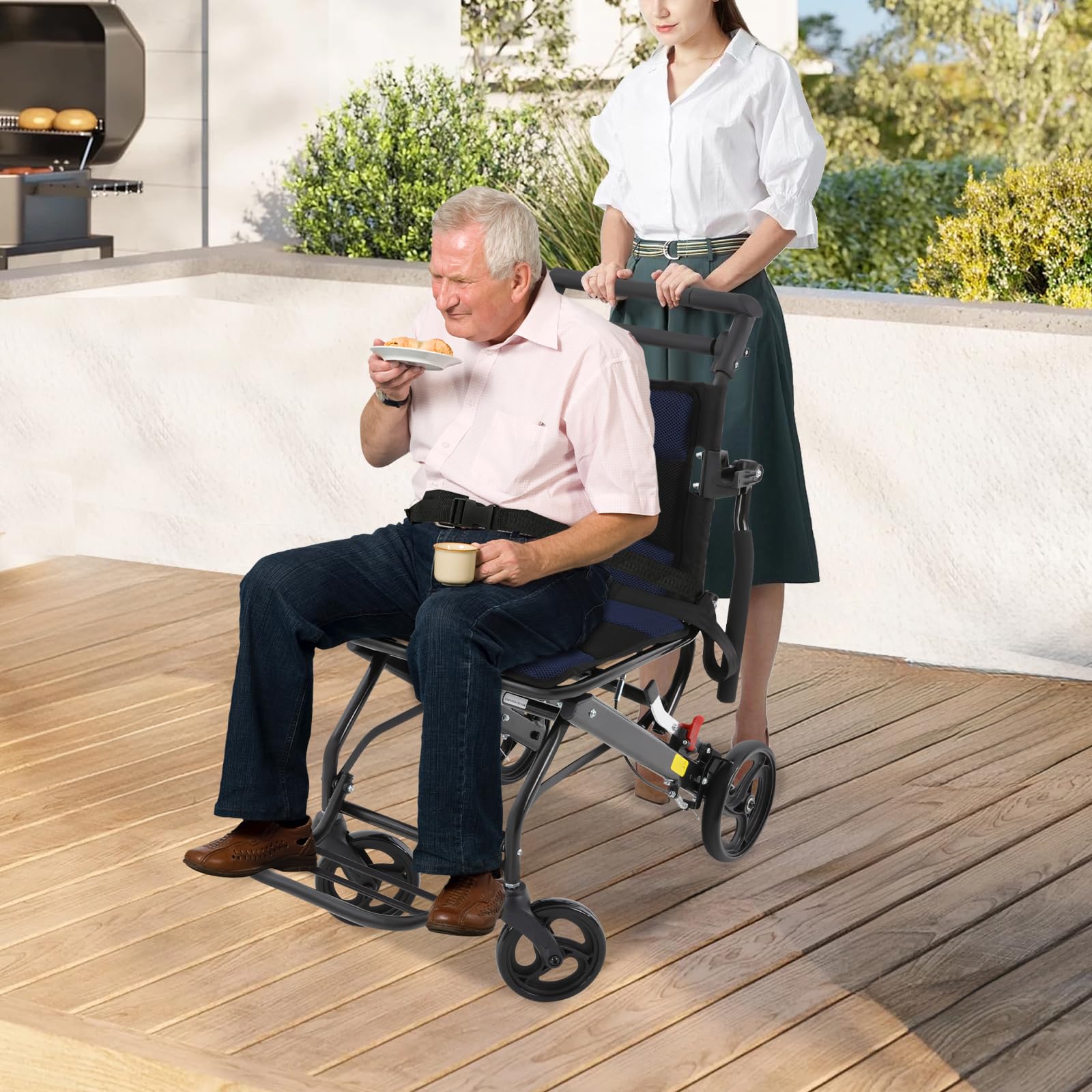 Silla de ruedas plegable, 84 x 48 x 89 cm, silla de ruedas plegable, ligera, para adultos, silla de ruedas plegable con bolsa de almacenamiento para familias, residencias de ancianos