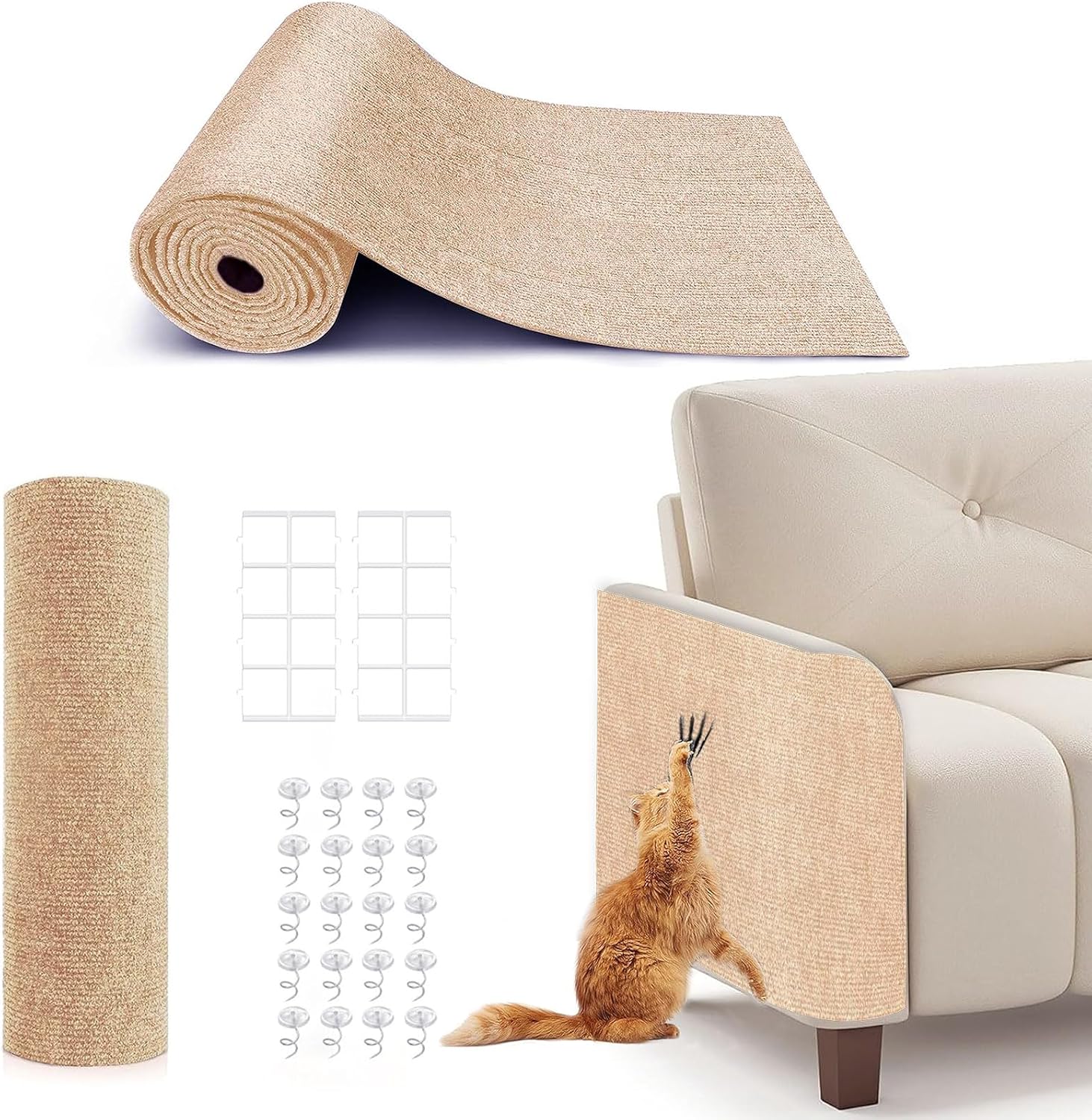 78.7″X15.8″ Cat Scratching Mat, Self-Adhesive Cat Scratch Carpet, DIY Cats Scratch Furniture Protector for Couch, Sofa, Wall & Door, Durable Furniture Guards Couch Scratcher from Cats Claws (Beige)