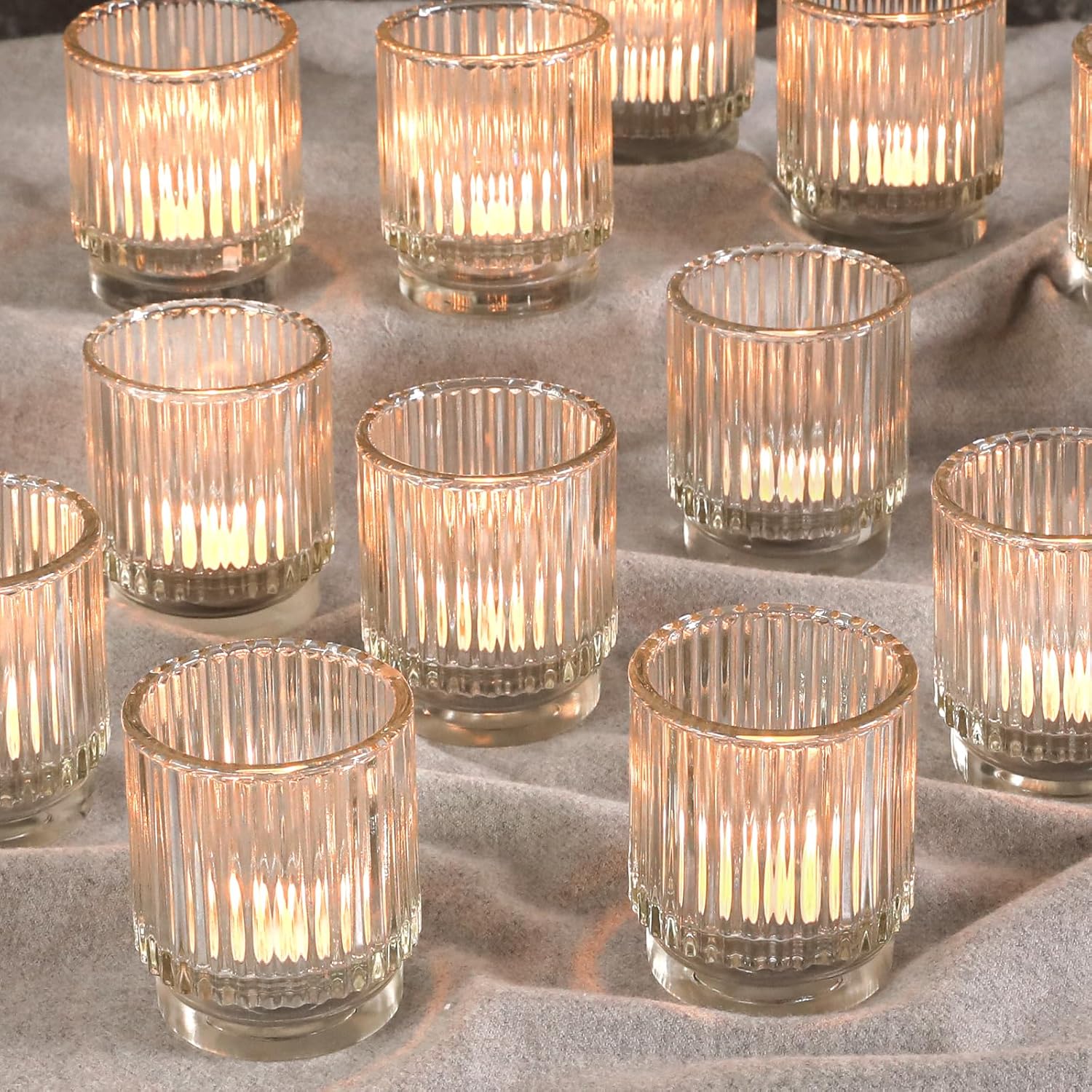 Vintage Ribbed Clear Glass Tealight & Votive Candle Holders (Set of 12), Wedding Bridal Shower Party Table Decor, Fall Decor, Boho Decor, Shelf Decoration